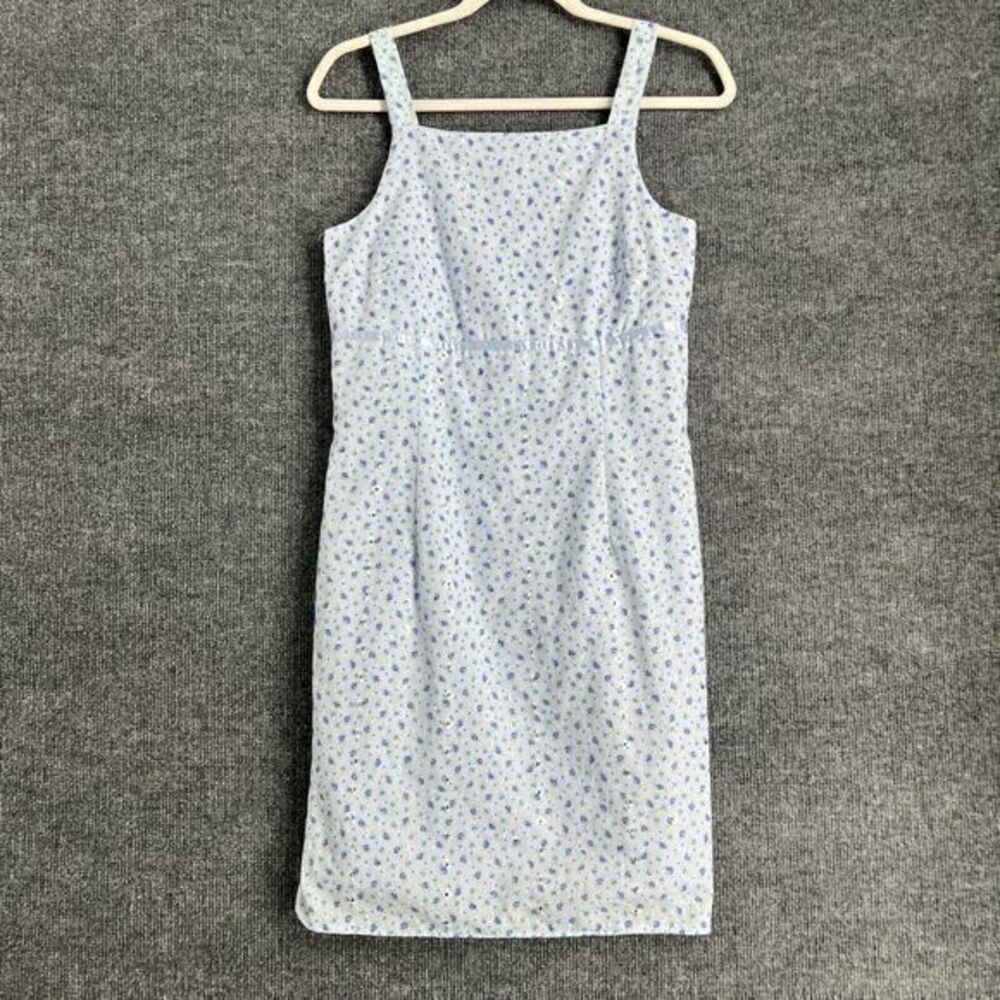 Vintage Hourglass 90s Sheath Dress Womens 5/6 Blue Floral Eyelet Sleeveless Y2K
